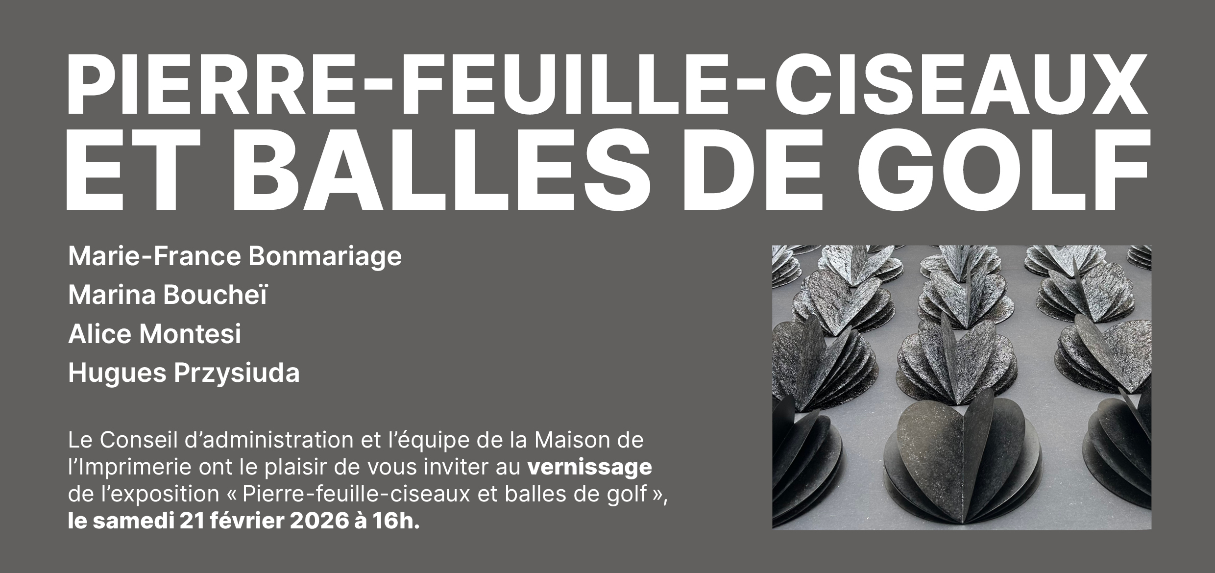 Invitation au vernissage de l'exposition pierre-feuilles-ciseaux et balles de golf