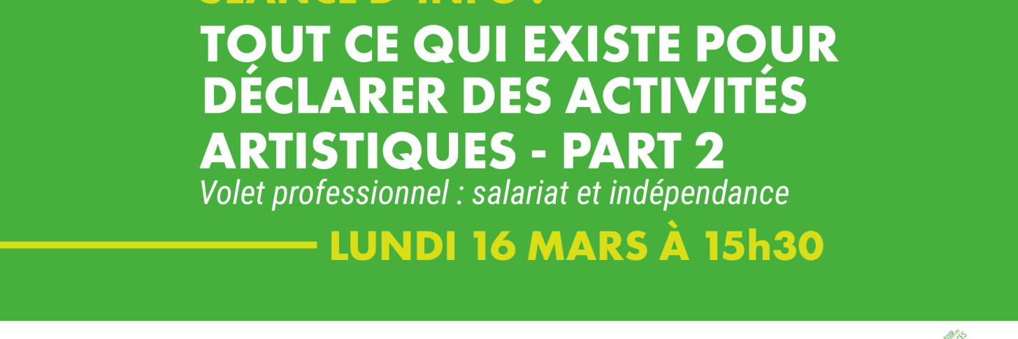 LU 16 MARS &Agrave; 15h30 - S&eacute;ance d'info : TOUT CE QUI EXISTE POUR D&Eacute;CLARER DES ACTIVIT&Eacute;S ARTISTIQUES - Partie 2 (volet pro) 