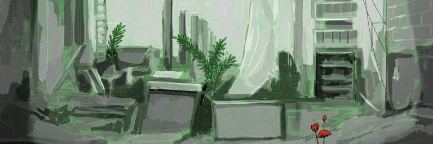 Dessin vert et gris de nature dans une salle de spectacle