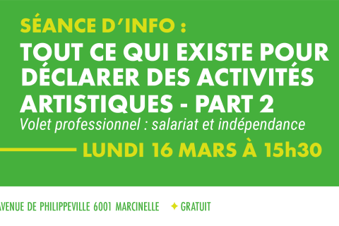 LU 16 MARS &Agrave; 15h30 - S&eacute;ance d'info : TOUT CE QUI EXISTE POUR D&Eacute;CLARER DES ACTIVIT&Eacute;S ARTISTIQUES - Partie 2 (volet pro) 